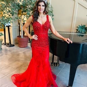 Red sequin and feather dress